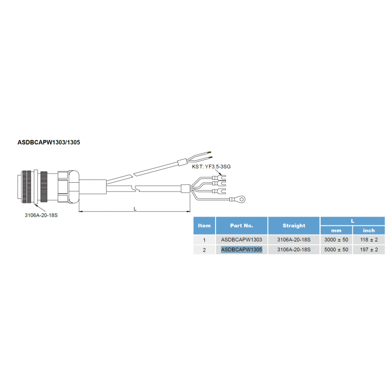 ASDBCAPW1305 - Моторный кабель 5 м ( мотор UVW) для двигателя с фланцем 100 и 130 мм, для сервоприводов ASDA-B2, Delta