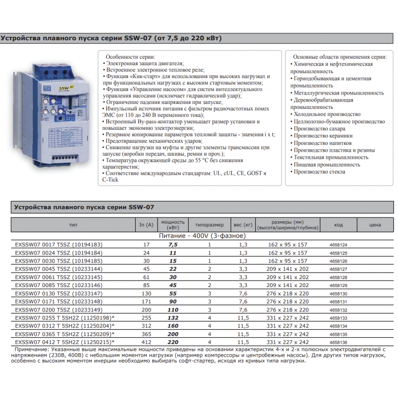 Устройство плавного пуска 220 кВт, 220-575 В, серия SSW-07, ETI (WEG) (4658136)