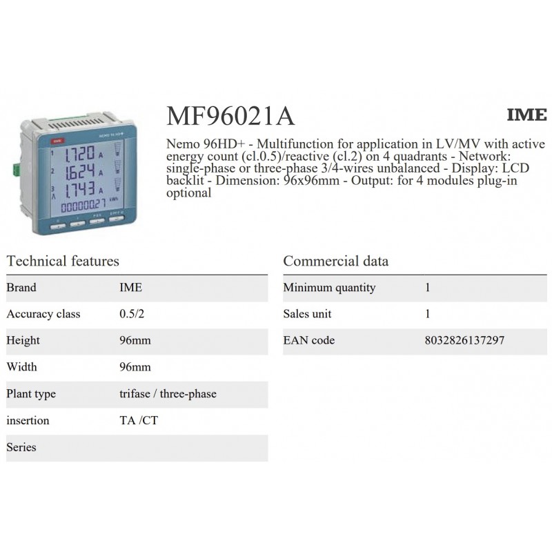 MF96021A - Анализатор сети Nemo 96 HD+, 1/5A, 80–500 В AC / Aux 110–300 В DC, для LV/MV мереж, IME