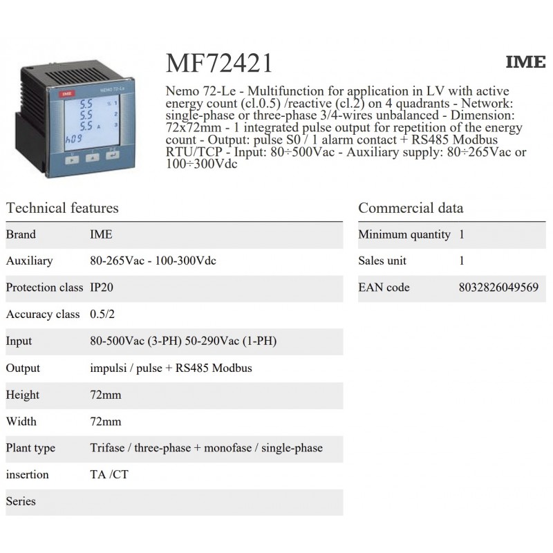 MF72421 - Анализатор сети Nemo 72-Le, 1/5A, 80–500 В AC / Aux 100–300 В DC, ModBus RTU/TCP, IME