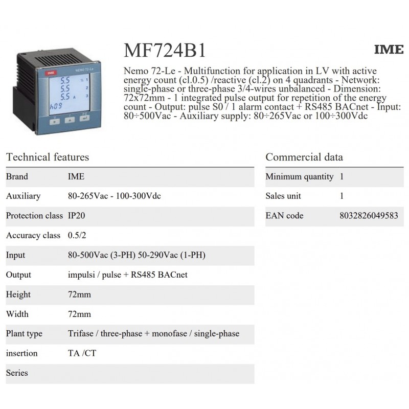 MF724B1 - Анализатор сети Nemo 72-Le, 1/5A, 80–500 В AC / Aux 100–300 В DC, RS485 BACnet, IME