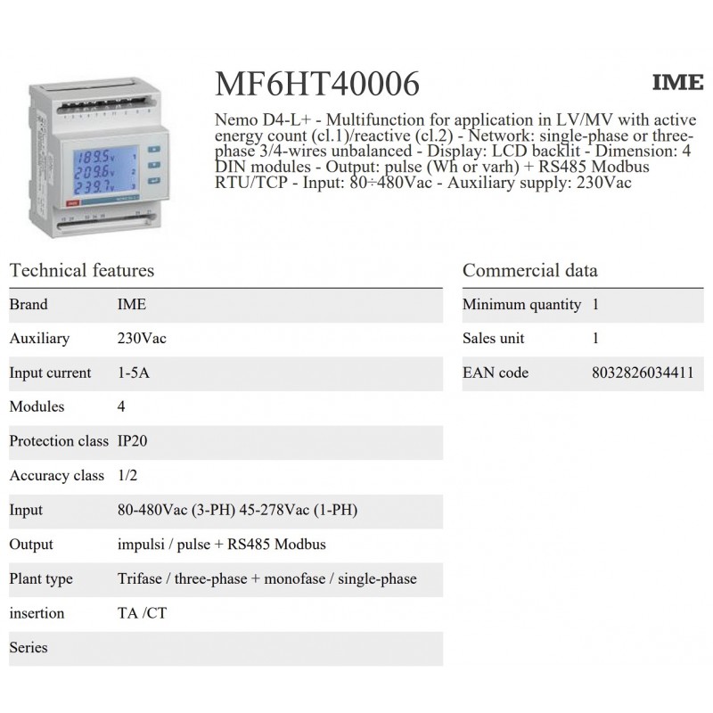 MF6HT40006 - Анализатор сети Nemo D4-L+, 1/5A, 80–480 В AC/Aux 230–240 В AC, ModBus RTU/TCP, LV/MV, IME