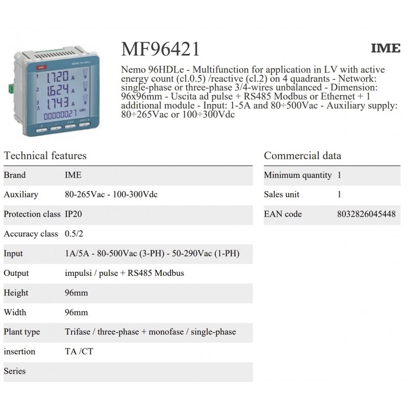 MF96421 - Анализатор сети Nemo 96 HDLE+, 1/5A, 80–500 В AC / Aux 110–300 В DC, ModBus RTU/TCP, IME