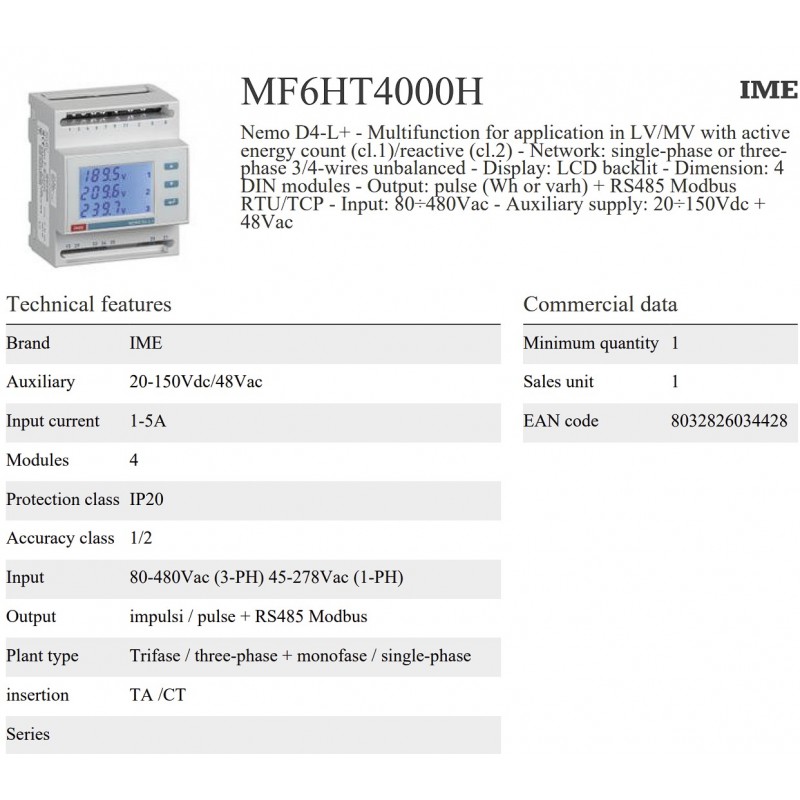 MF6HT4000H - Анализатор сети Nemo D4-L+, 1/5A, 80–480 В AC/Aux 230–240 В AC, ModBus RTU/TCP, LV/MV, IME