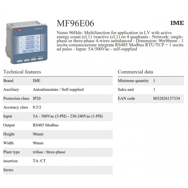 MF96E06 - Анализатор сети Nemo 96 HDe+, 1/5A, 80–460 В AC, RS485, IME