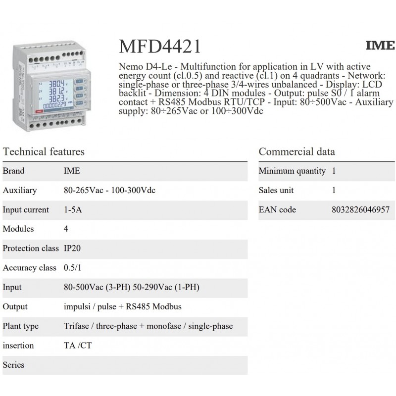 MFD4421 - Анализатор сети Nemo D4-Le, 1/5A, 80-500 В AC / Aux 100-300В DC, ModBus RTU/TCP, IME