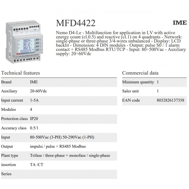 MFD4422 - Анализатор сети Nemo D4-Le, 1/5A, 80-800 В AC / Aux 20-60В DC, ModBus RTU/TCP, IME