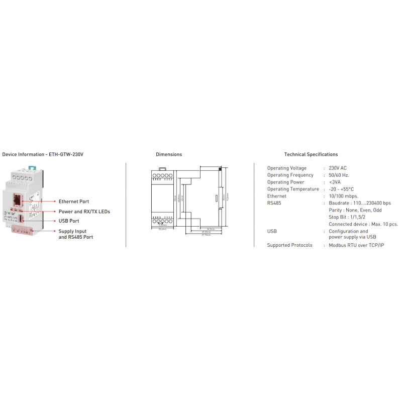 Шлюз RS485 в Ethernet (Modbus RTU / TCP), 230 В AC, Tense (ETH-GTW-230V)