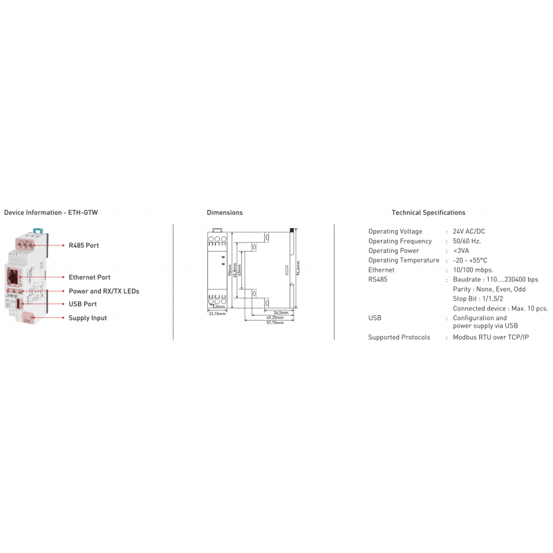 Шлюз RS485 в Ethernet (Modbus RTU / TCP), 24В AC/DC, Tense (ETH-GTW)