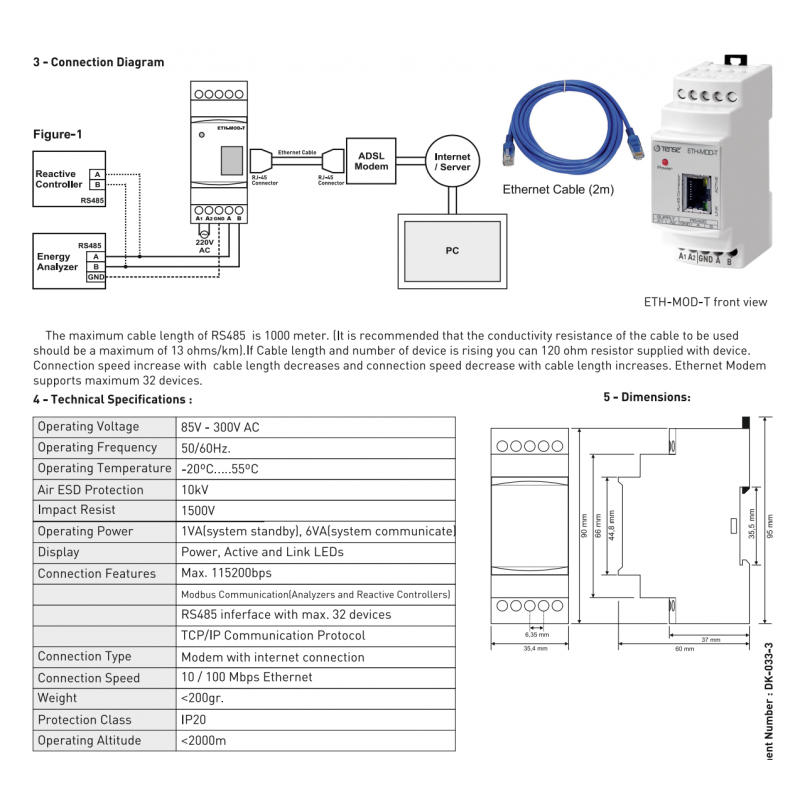 Ethernet - Modbus шлюз для RS485, 85–300 В AC, Tense (ETH-MOD-T )