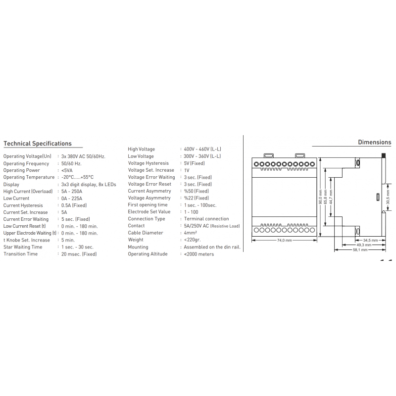 Реле управления погружным насосом (5A-250A) с защитой от сухого хода и перегрузки, Tense (TDK-24YU)