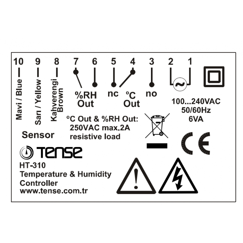 HT-310 - Контроллер температуры и влажности + датчик NT-310, 220 В АС, 36х72, TENSE