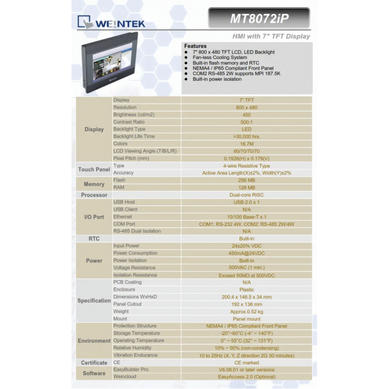MT8072iP - Панель оператора 7'', TFT LED, 800x480, 128MB RAM, 2 COM (RS-232/485), USB, Ethernet, 24V DC. IP65. Weintek