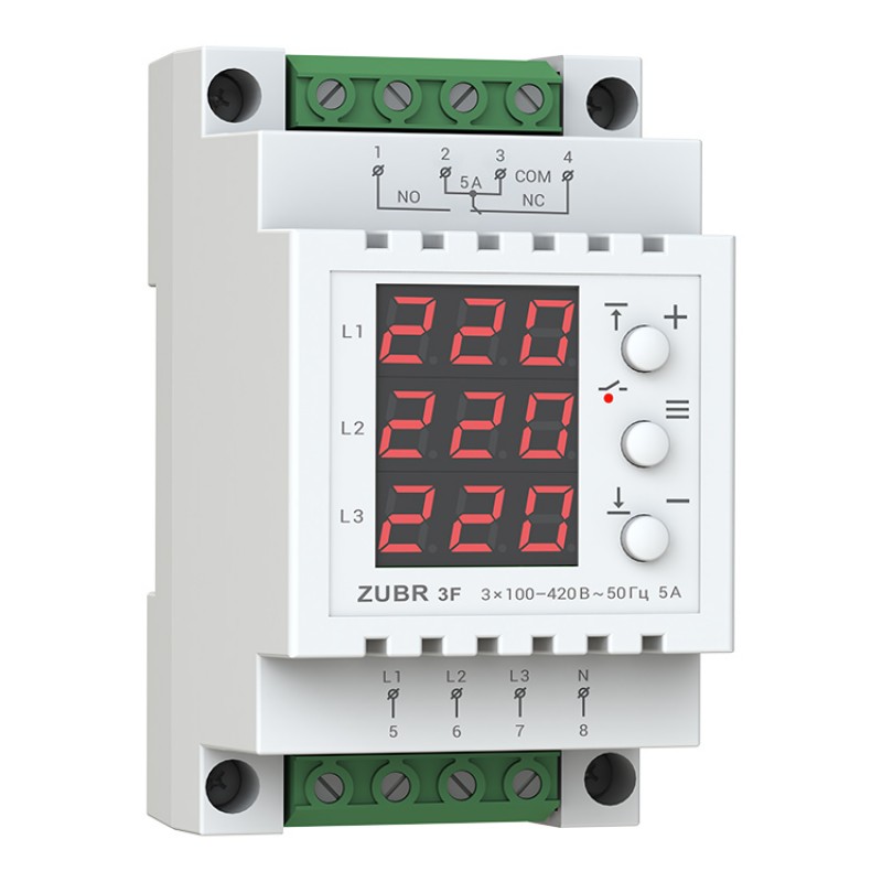 ZUBR 3F - Трехфазное реле контроля напряжения + асиметрия 5 А, 100-420 В АС, + Термозащита, ZUBR
