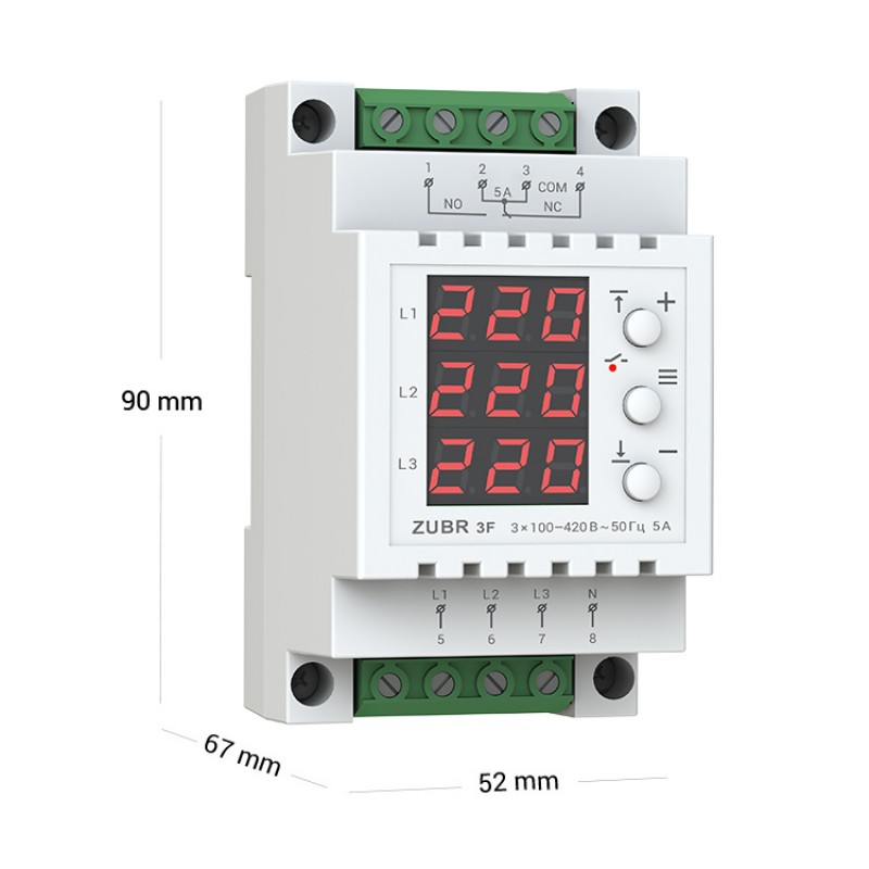 ZUBR 3F - Трехфазное реле контроля напряжения + асиметрия 5 А, 100-420 В АС, + Термозащита, ZUBR