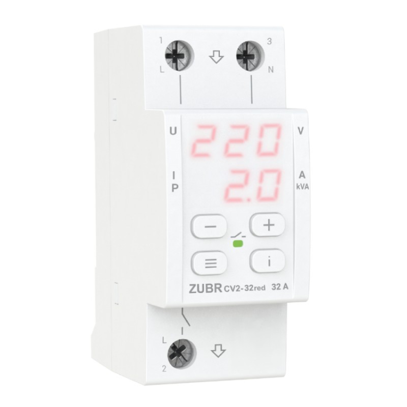 ZUBR CV2-32 red - Однофазное реле контроля напряжения и тока 32 А, 120-280 В АС, + термозащита, ZUBR