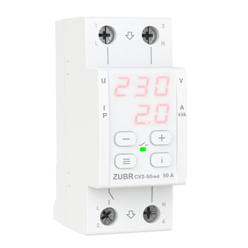 ZUBR CV2-50 red - Однофазное реле контроля напряжения и тока 50 А, 120-280 В АС, + термозащита, ZUBR