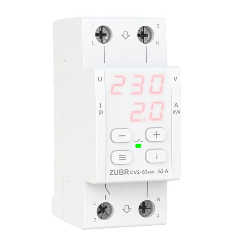 ZUBR CV2-63 red - Однофазное реле контроля напряжения и тока 63 А, 120-280 В АС, + термозащита, ZUBR