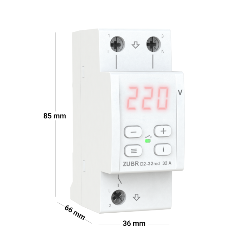 ZUBR D2-32 red - Однофазное реле контроля напряжения 32 А, 120-280 В АС, + термозащита, ZUBR