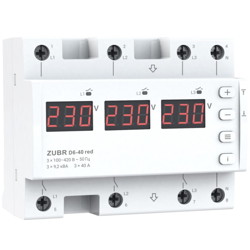 ZUBR D6-40 red - Трехфазное реле контроля напряжения + асиметрия 40 А, 100-420 В АС, + Термозащита, ZUBR