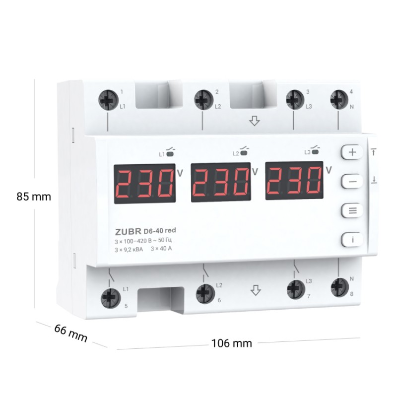 ZUBR D6-40 red - Трехфазное реле контроля напряжения + асиметрия 40 А, 100-420 В АС, + Термозащита, ZUBR