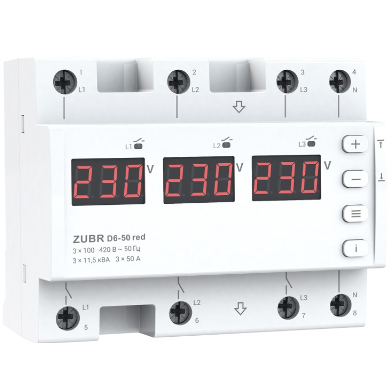 ZUBR D6-50 red - Трехфазное реле контроля напряжения + асиметрия 50 А, 100-420 В АС, + Термозащита, ZUBR