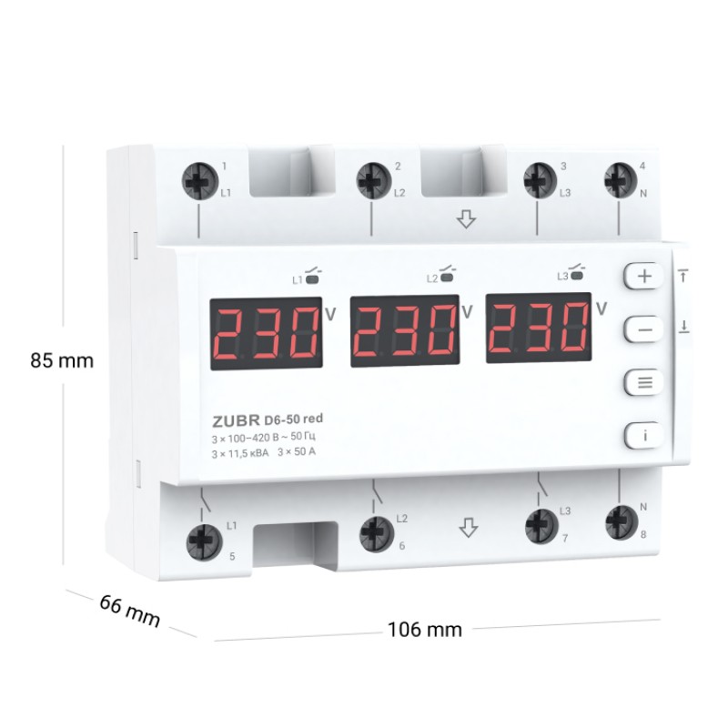 ZUBR D6-50 red - Трехфазное реле контроля напряжения + асиметрия 50 А, 100-420 В АС, + Термозащита, ZUBR