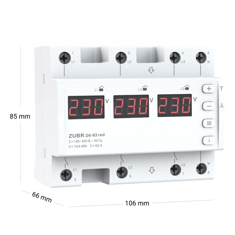 ZUBR D6-63 red - Трехфазное реле контроля напряжения + асиметрия 63 А, 100-420 В АС, + Термозащита, ZUBR