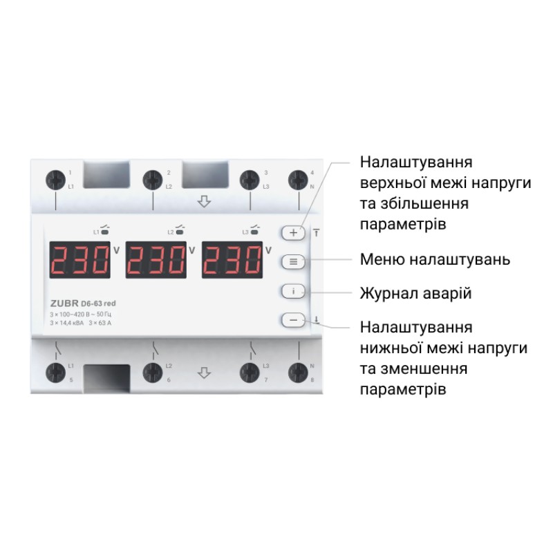 ZUBR D6-63 red - Трехфазное реле контроля напряжения + асиметрия 63 А, 100-420 В АС, + Термозащита, ZUBR