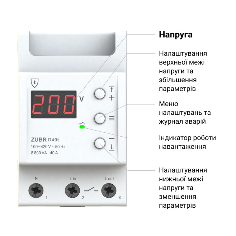 ZUBR D32t - Однофазное реле контроля напряжения 32 А, 120-280 В АС, + термозащита, ZUBR