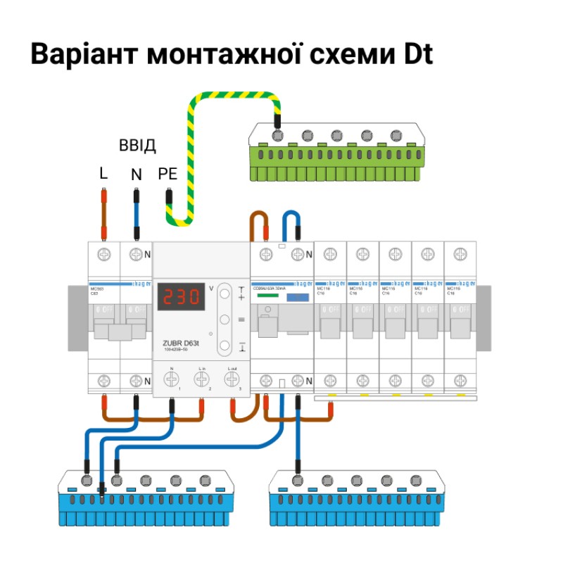 ZUBR D32t - Однофазное реле контроля напряжения 32 А, 120-280 В АС, + термозащита, ZUBR