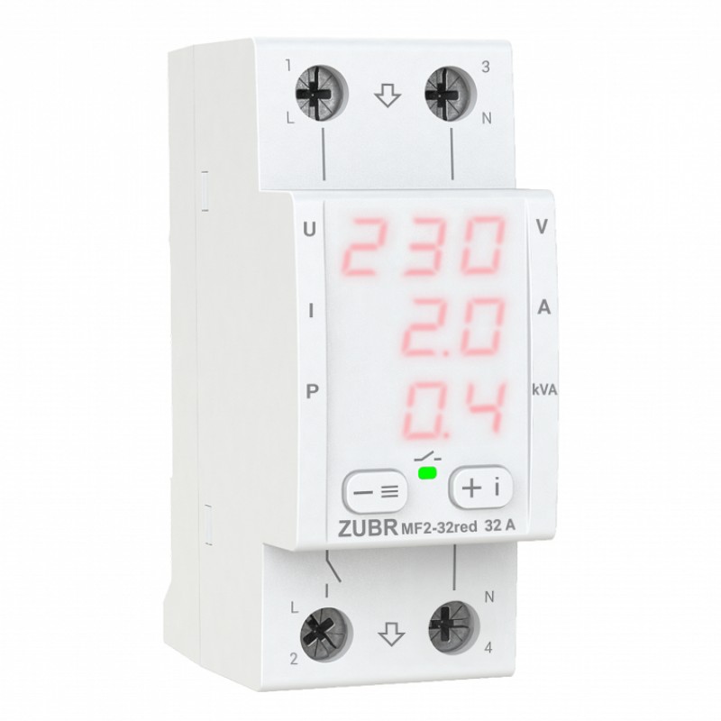 ZUBR MF2-32 red - Однофазное многофункциональное реле контроля (напряжения/тока/мощности) 32 А, 120-280 В АС, + термозащита, ZUBR
