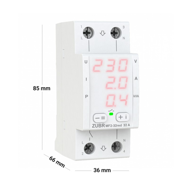 ZUBR MF2-32 red - Однофазное многофункциональное реле контроля (напряжения/тока/мощности) 32 А, 120-280 В АС, + термозащита, ZUBR