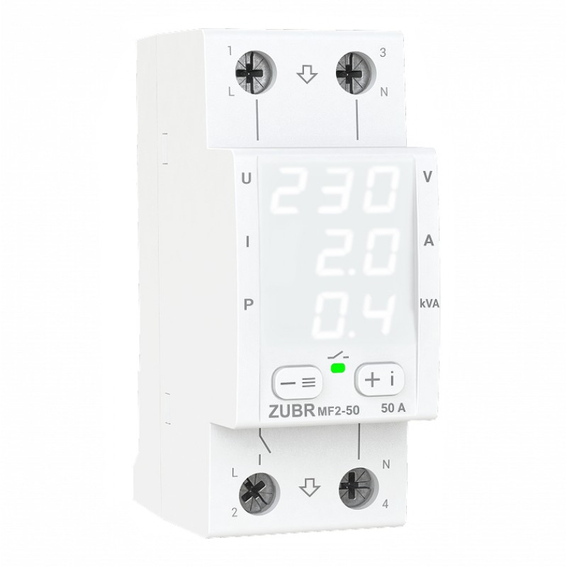 ZUBR MF2-50 - Однофазное многофункциональное реле контроля (напряжения/тока/мощности) 50 А, 120-280 В АС, + термозащита, ZUBR