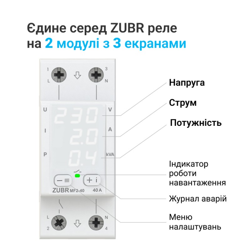 ZUBR MF2-50 - Однофазное многофункциональное реле контроля (напряжения/тока/мощности) 50 А, 120-280 В АС, + термозащита, ZUBR