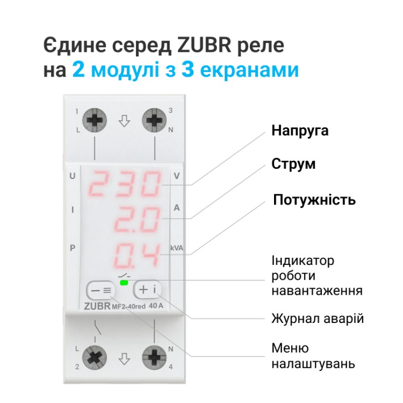ZUBR MF2-32 red - Однофазное многофункциональное реле контроля (напряжения/тока/мощности) 32 А, 120-280 В АС, + термозащита, ZUBR