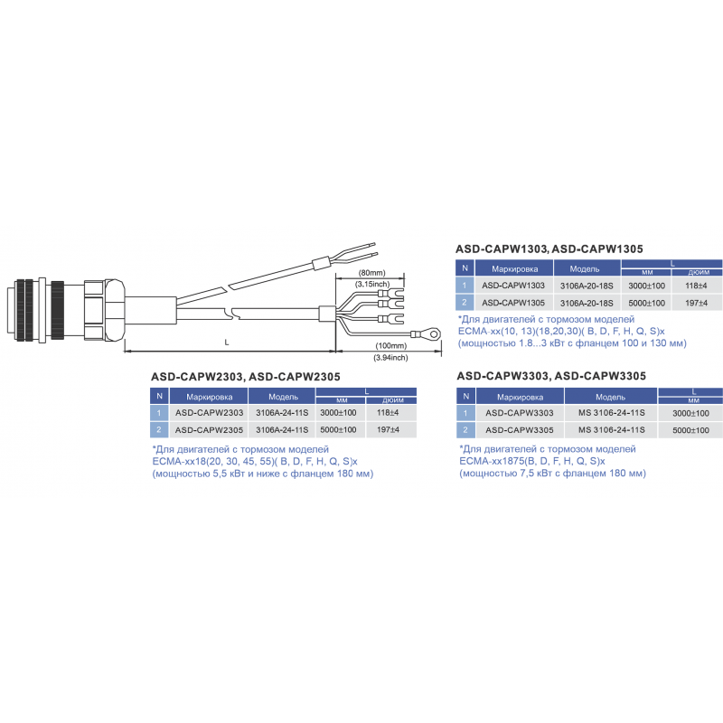 ASD-CAPW1303 - Моторный кабель 3 м (мотор UVW) для двигателя с тормозом, фланцем 100 и 130 мм, для сервоприводов ASDA-A2 1.8-3 кВт, Delta