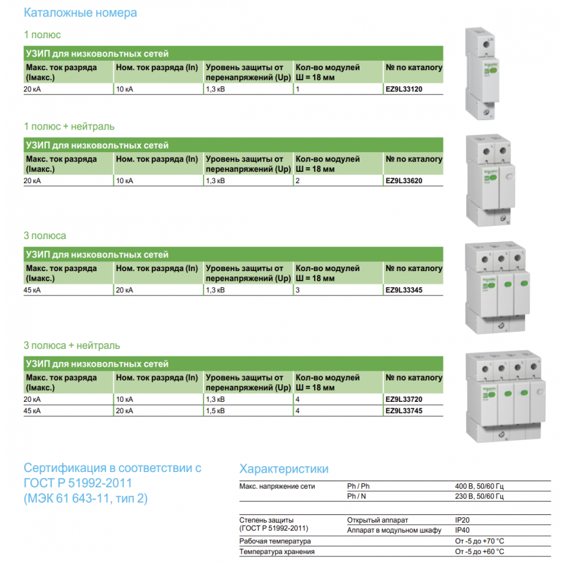 EZ9L33745 - Ограничитель перенапряжения тип 2 (УЗИП) Easy9, 3P+N, 45 кА, 275 В AC, Schneider Electric