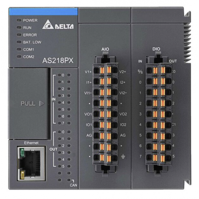 AS218PX-A - Процессорный модуль AS 8DI/6DO (PNP), 2AI/2AO, 2xRS485 Ethernet, CANopen, 24V DC, Delta