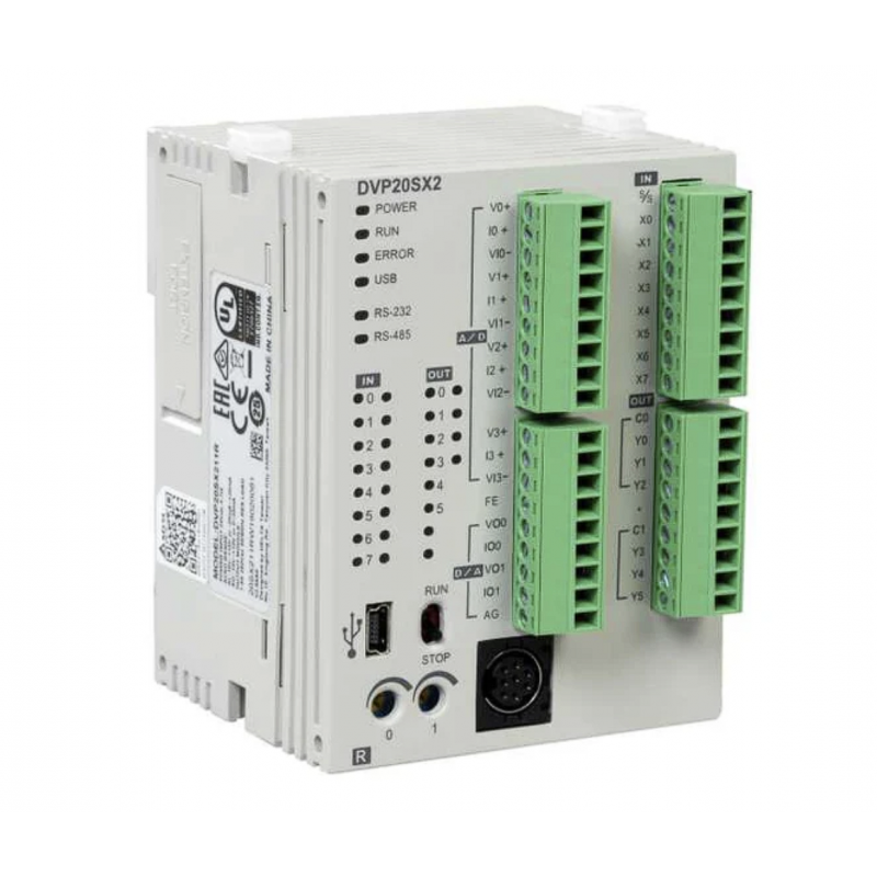 DVP20SX211R - Процессорный модуль DVP-SX2 8DI; 4AI/6RO (Relay); 2AO, 24V DC, RS-232 и RS-485, Delta