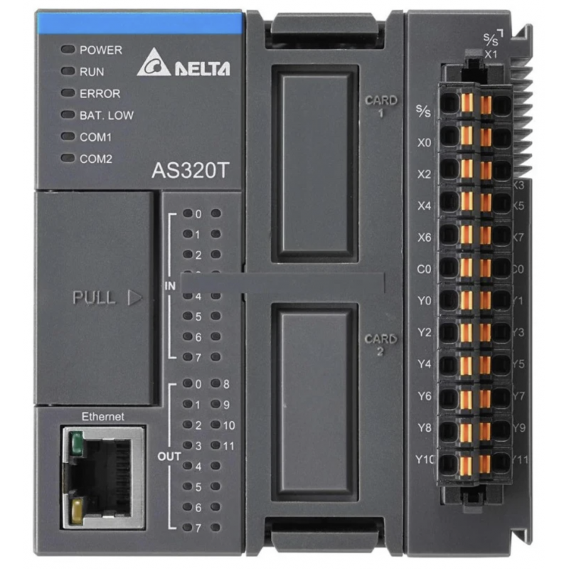 (AS320T-B) Процессорный модуль серии AS, 20 ВХ/ВЫХ, 8DI/12DO (Transistor NPN), Ethernet, 2xRS485, 2 слота под платы расширения, Delta Electronics (AS320T-B) Процессорный модуль серии AS, 20 ВХ/ВЫХ, 8DI/12DO (Transistor NPN), Ethernet, 2xRS485, 2 слота под платы расширения, Delta Electronics