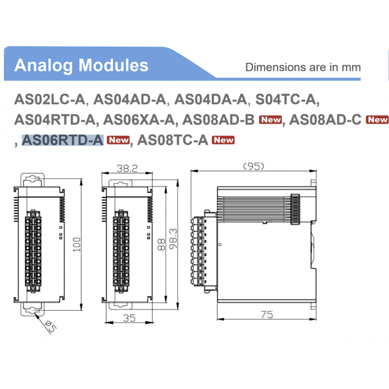 AS06XA-A - Модуль аналогового ввода/вывода 4AI/2AO для процессора AS, потенциальный и токовый режимы, Delta