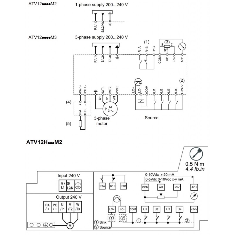 (ATV12H037M2TQ) Преобразователь частоты Schneider Electric ALTIVAR12, P=0.37 кВт, Uвх=1Фх220В/Uвых=3Фх220В
