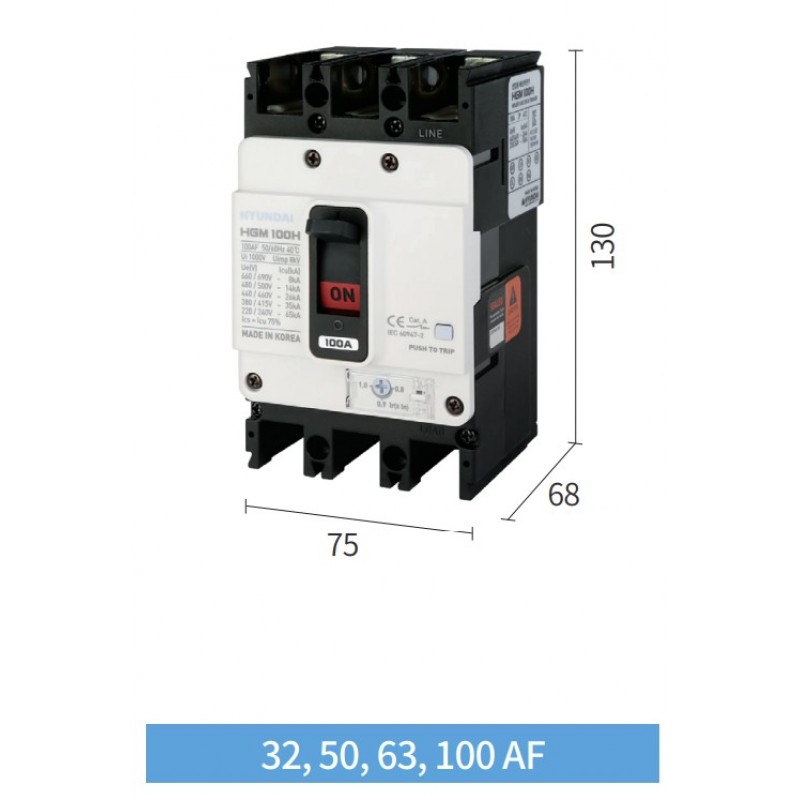 Автоматический выключатель MCCB HGM, 3P In-100 А, Icu-16 кА, термомагнитный (In-0.8...1) x In, HYUNDAI ELECTRIC