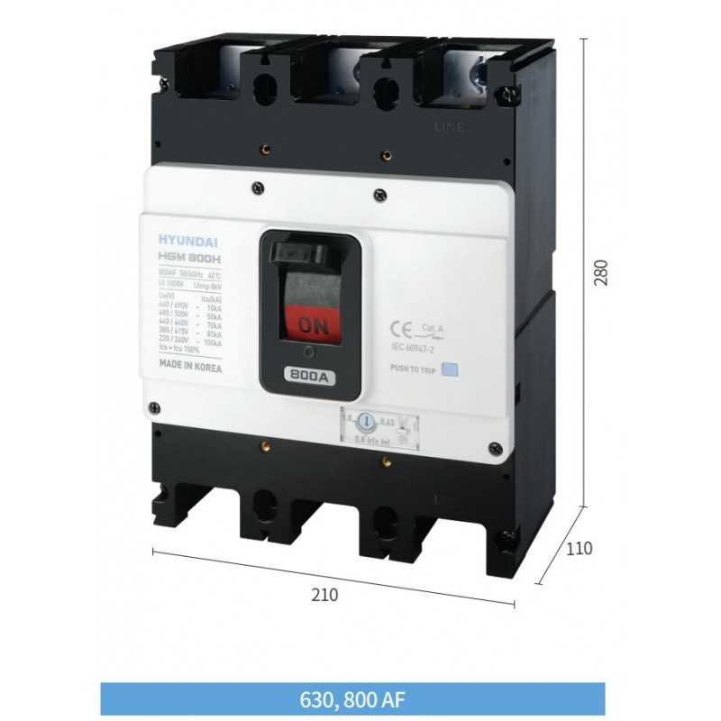 Автоматический выключатель MCCB HGM, 3P In-500 А, Icu-65 кА, термомагнитный (In-0.63...1) x In, HYUNDAI ELECTRIC
