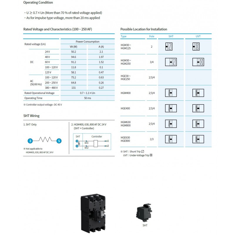 Независимый расцепитель SHT для автоматических выключателей HGM 350–400 А, 380-415V AC, HYUNDAI ELECTRIC