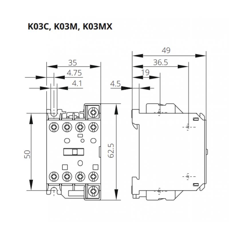 Миниконтактор K03C-22, 4P(2NO+2NC), Ie-4 A (AC-13), Uc-230 В AC, Iskra (030040799000)