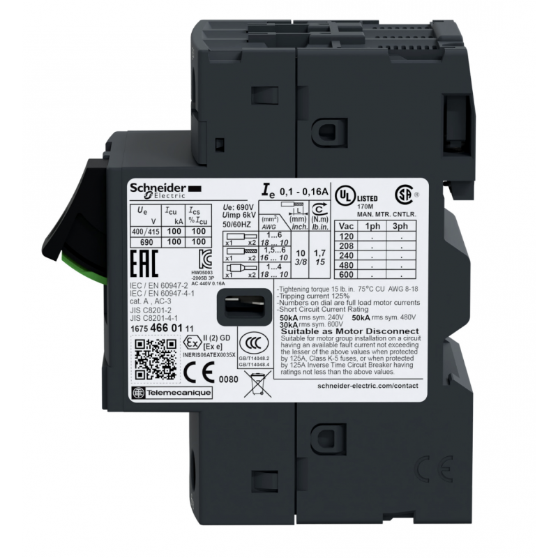 GV2ME01 - Автомат защиты двигателя TeSys, Ir-0.1-0.16 А, Schneider Electric