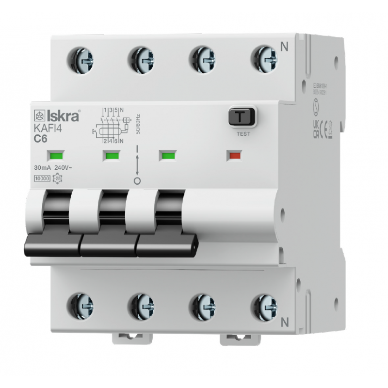 Дифференциальный автоматический выключатель KAFI4, 3+N, In-6 А, 30mA, Тип A, Кривая C, 10kA, Iskra (786100929000)