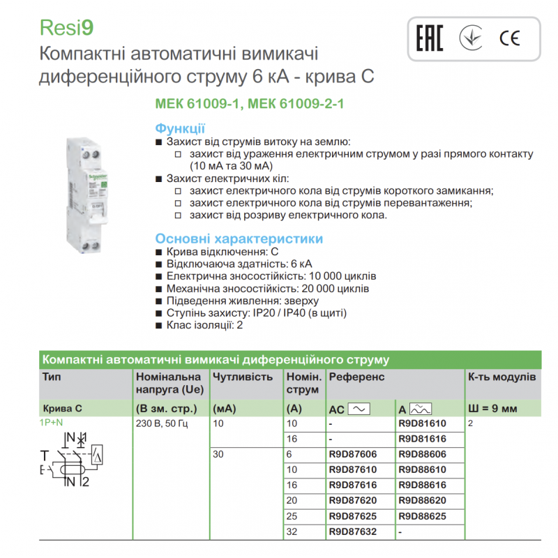 R9D87625 - Дифференциальный автоматический выключатель RESI9, 1+N, In-25 А, 30mA, Тип AC, Кривая C, 6kA, Schneider Electric